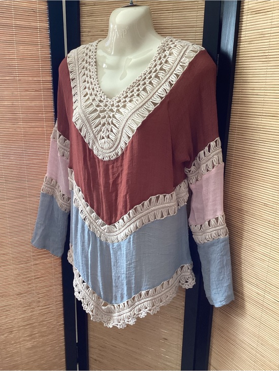 Tops - NWOT Boho Festival tunic top crochet detail Sz Medium gauze panels